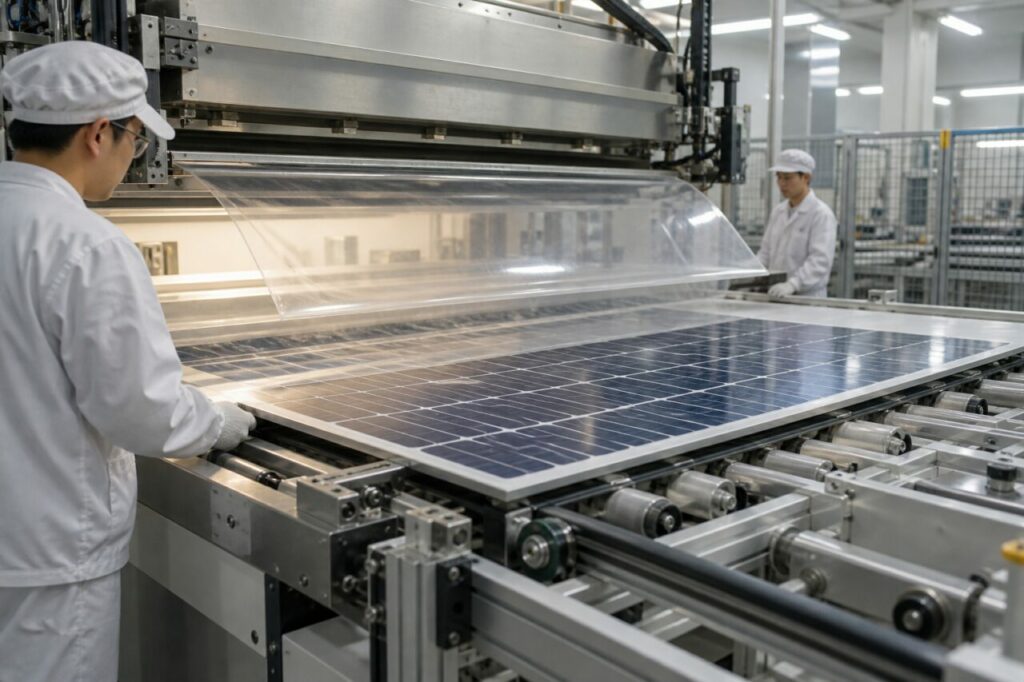 Fabrication de modules photovoltaïques par presse, verre, films d’encapsulation et convoyeurs