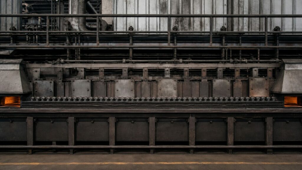 Belt furnace façade with two illuminated openings