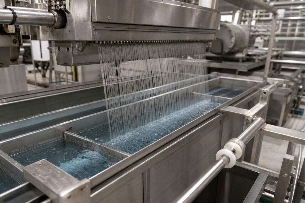 Filage humide de filaments PAN au-dessus de bains de coagulation industriels