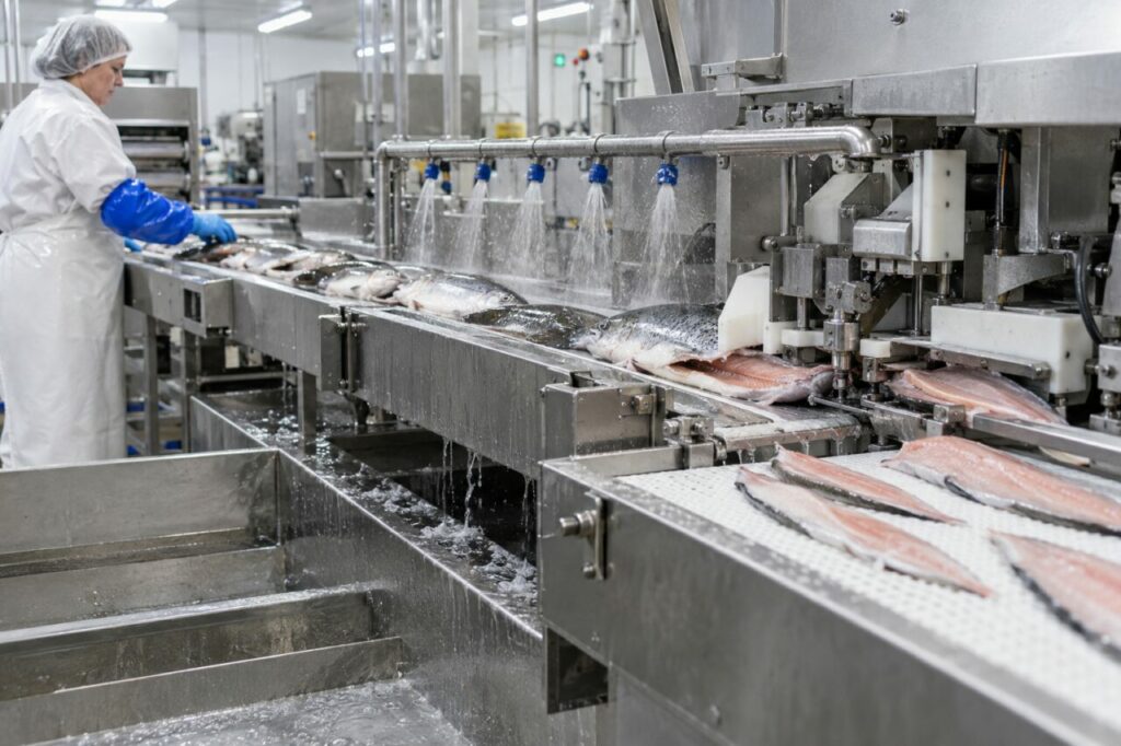 Filetage automatisé du poisson sur une ligne inox