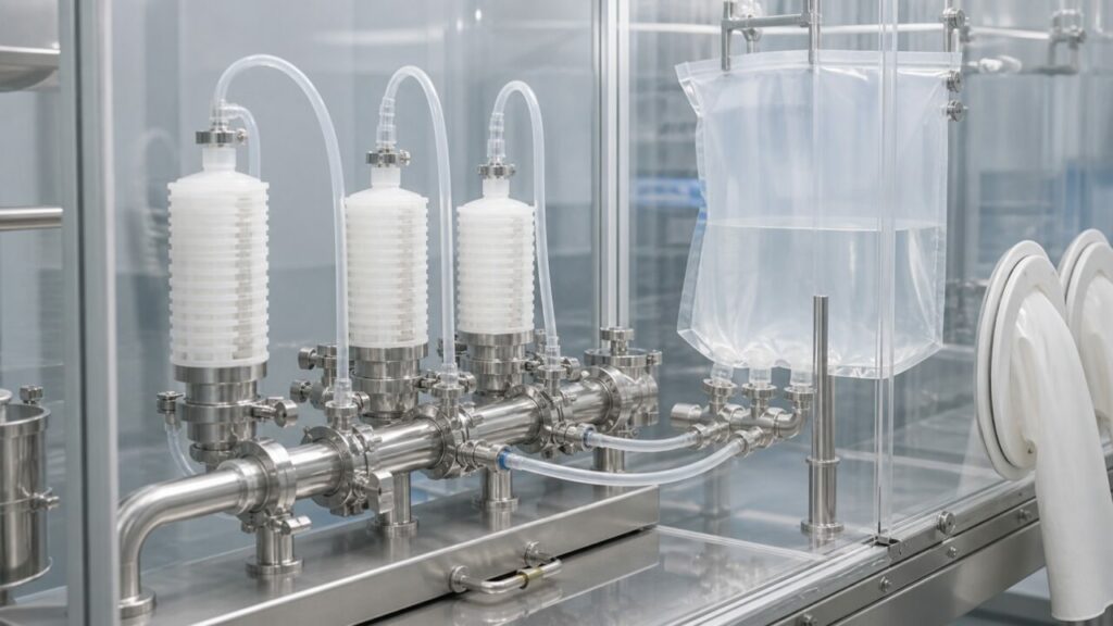 Filtración farmacéutica aséptica con skid inoxidable y bolsa de transferencia