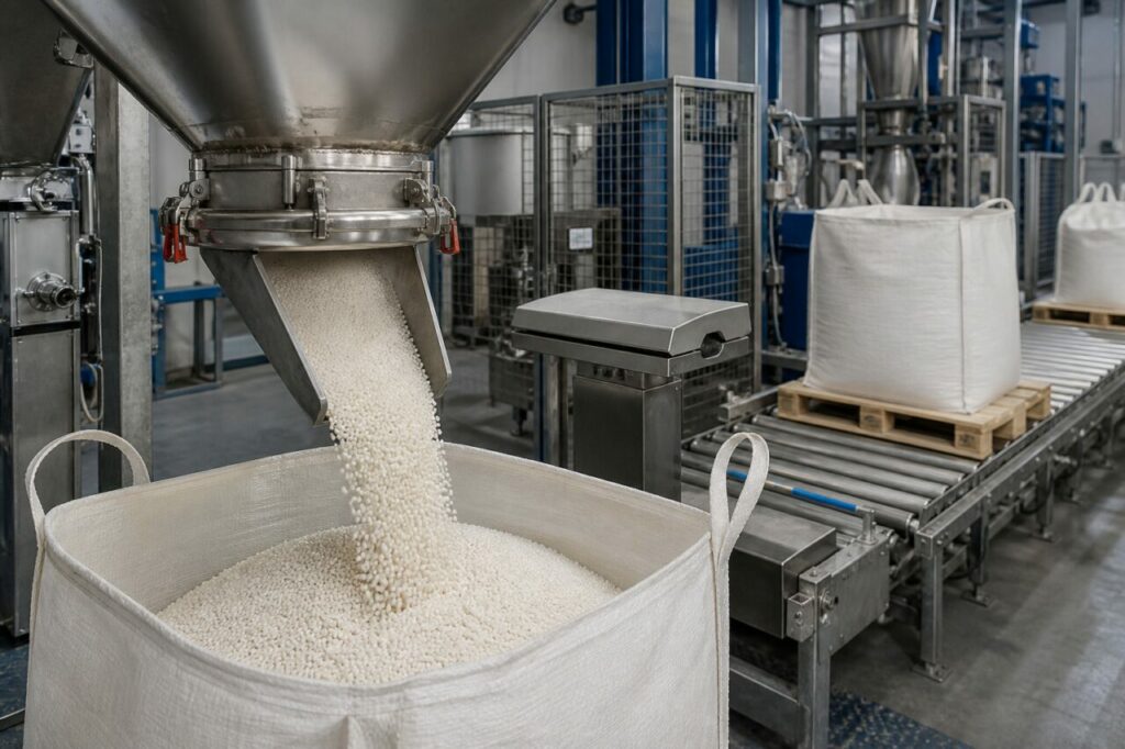 Finition et conditionnement de granulés de polyoxyméthylène en grands sacs sur ligne à rouleaux