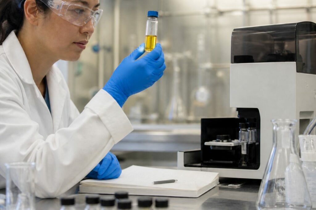 Fiole ambrée près d’un analyseur de laboratoire