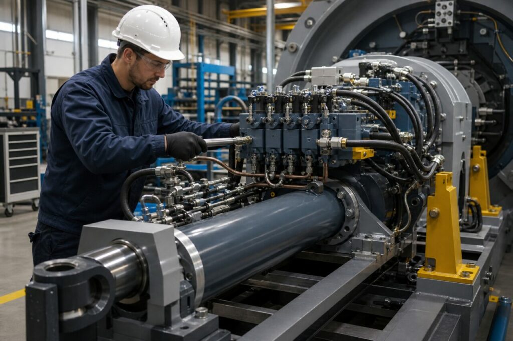 Een momentsleutel borgt koppelingen op een hydraulische actuator