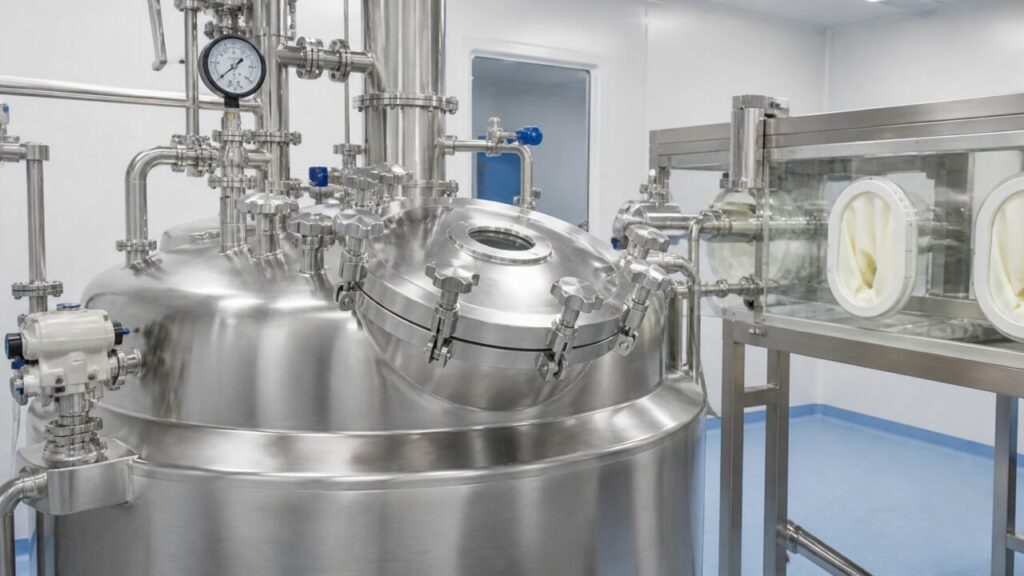 Tanque farmacéutico estéril en el centro de la formulación aséptica