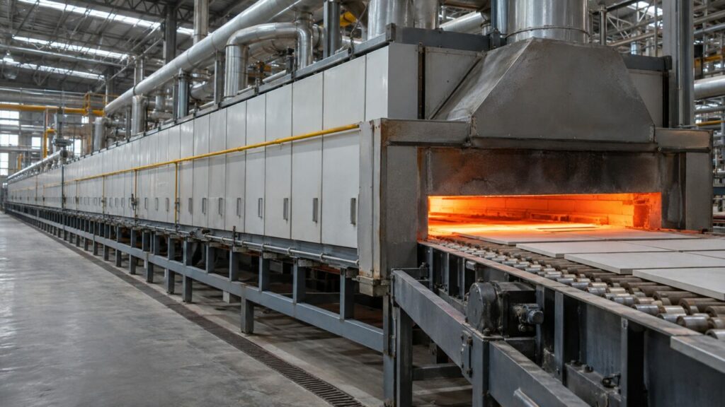 Forno túnel industrial para azulejos claros num transportador de rolos