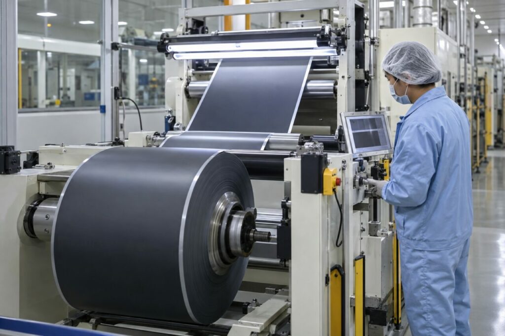 Bobinage final d’une feuille enduite de cathode lithium-ion