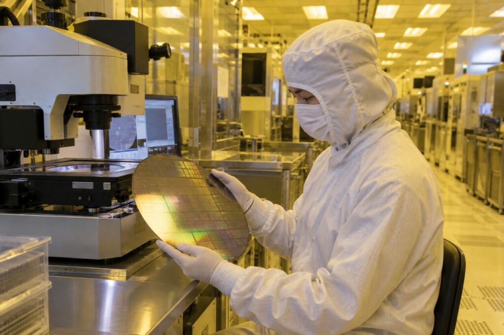 Techniker prüft einen Siliziumwafer neben einem Metrologiemikroskop im Reinraum