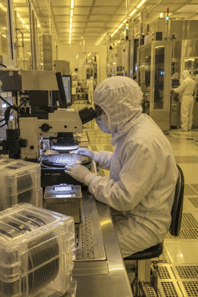 Optische Prüfung eines Siliziumwafers unter gelber Reinraumbeleuchtung in der Halbleiterfertigung