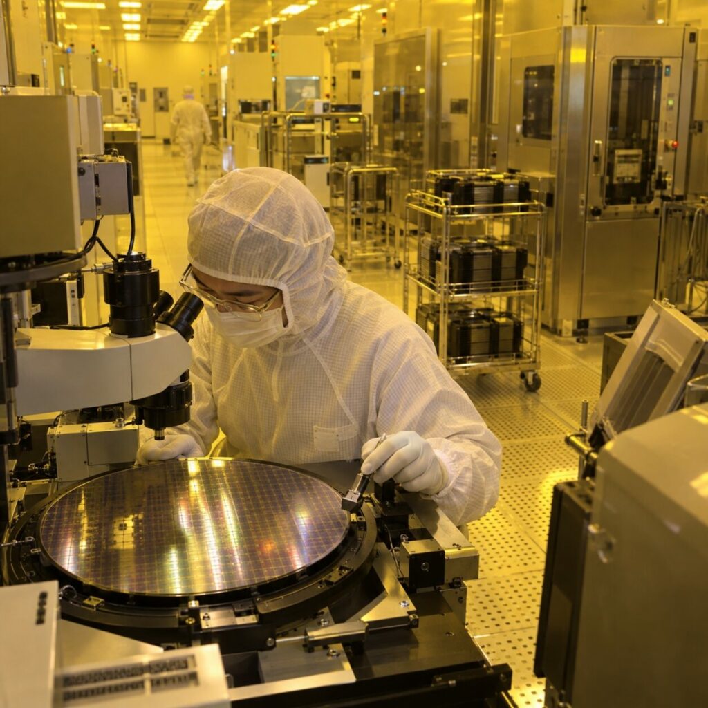 Metrologiestation für Siliziumwafer zwischen Mikroskop und Prozesskammer