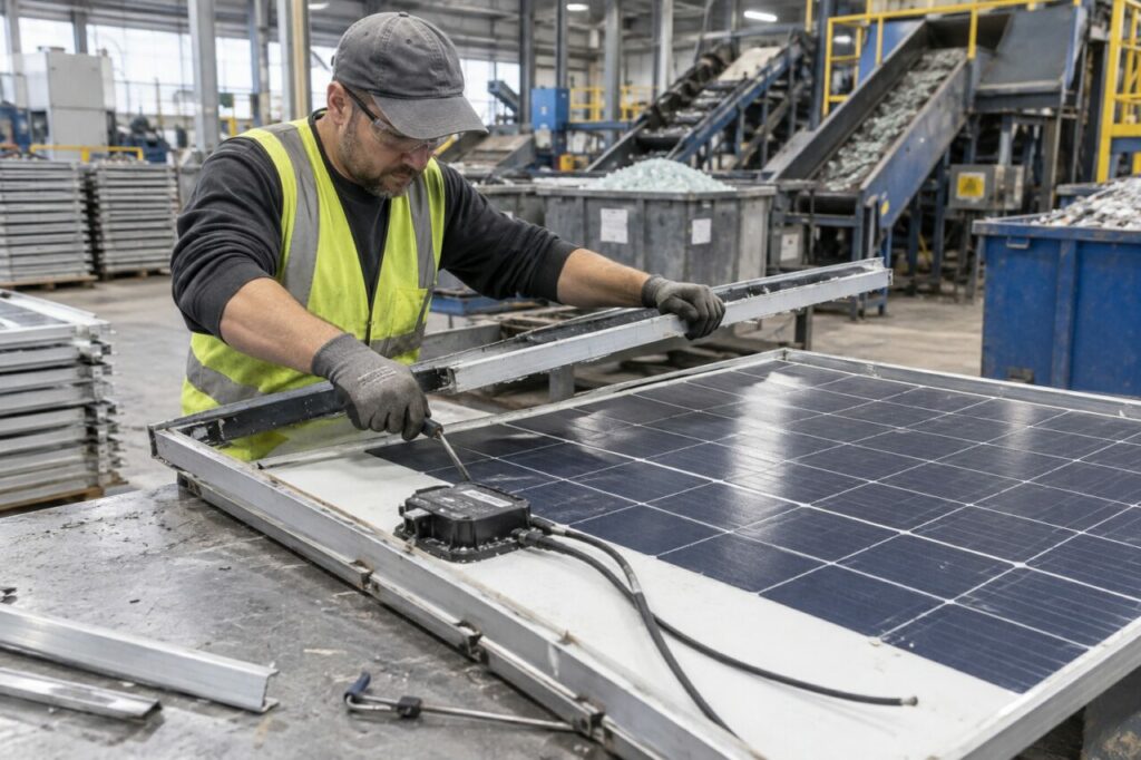 Démontage d’un module photovoltaïque sur établi