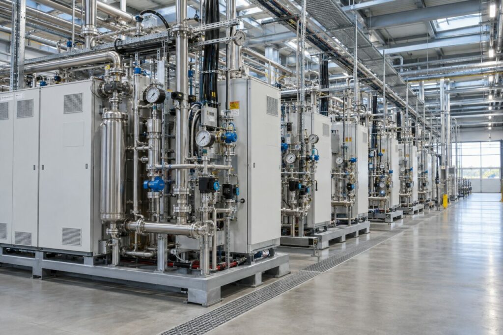 Armoires d’électrolyse PEM avec tuyauteries inox et instrumentation