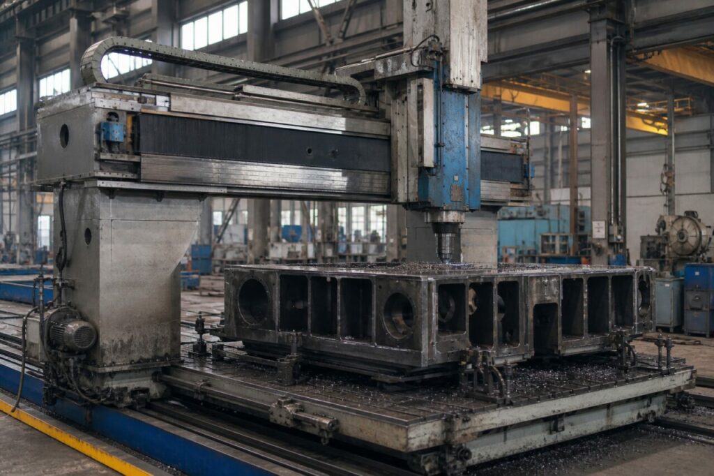 Side milling of a welded steel frame beneath a large CNC bridge machine