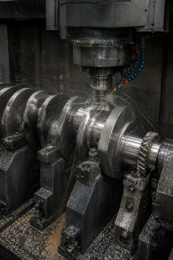 CNC crankshaft milling center — Cutter in action on a crankshaft journal with chips and coolant