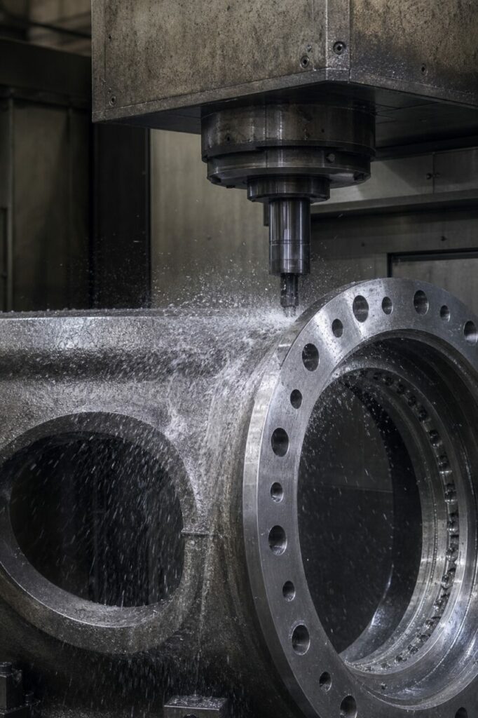 Cutter and coolant on a machined wind-turbine hub flange in close-up