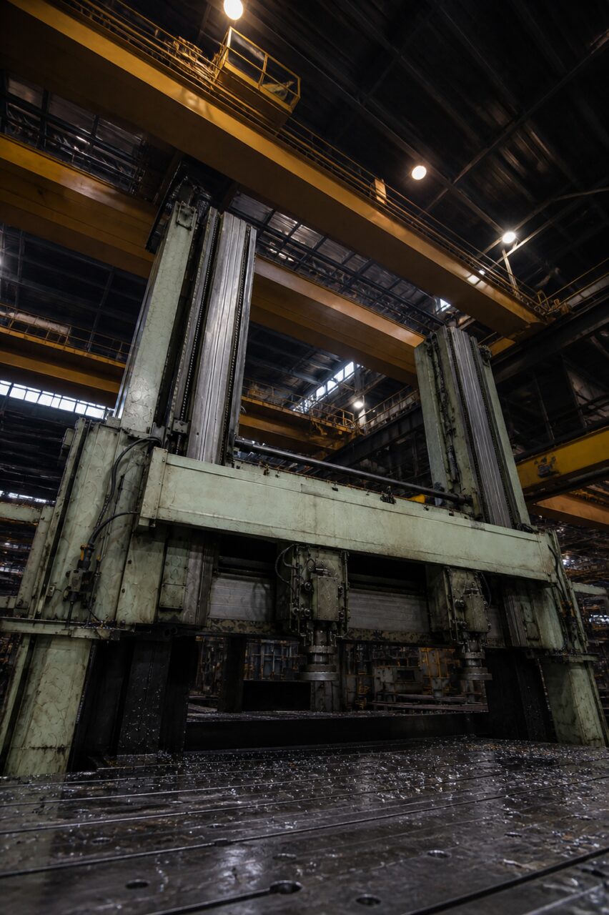 CNC machining in progress — gantry mill above a steel plate