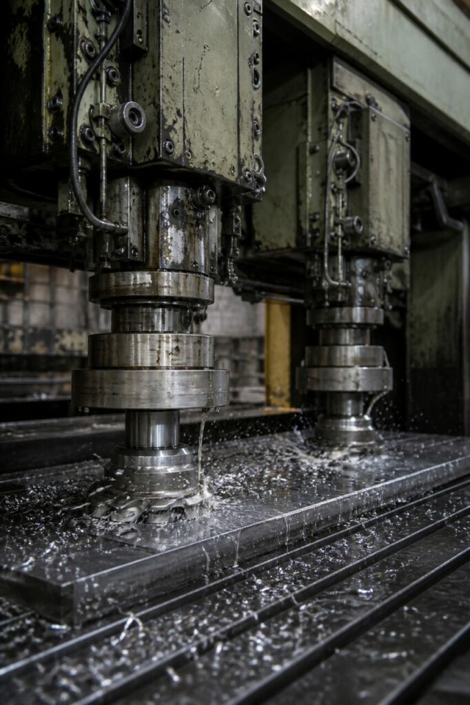 Snijkant in detail — freesgereedschap en stalen plaat in de hal