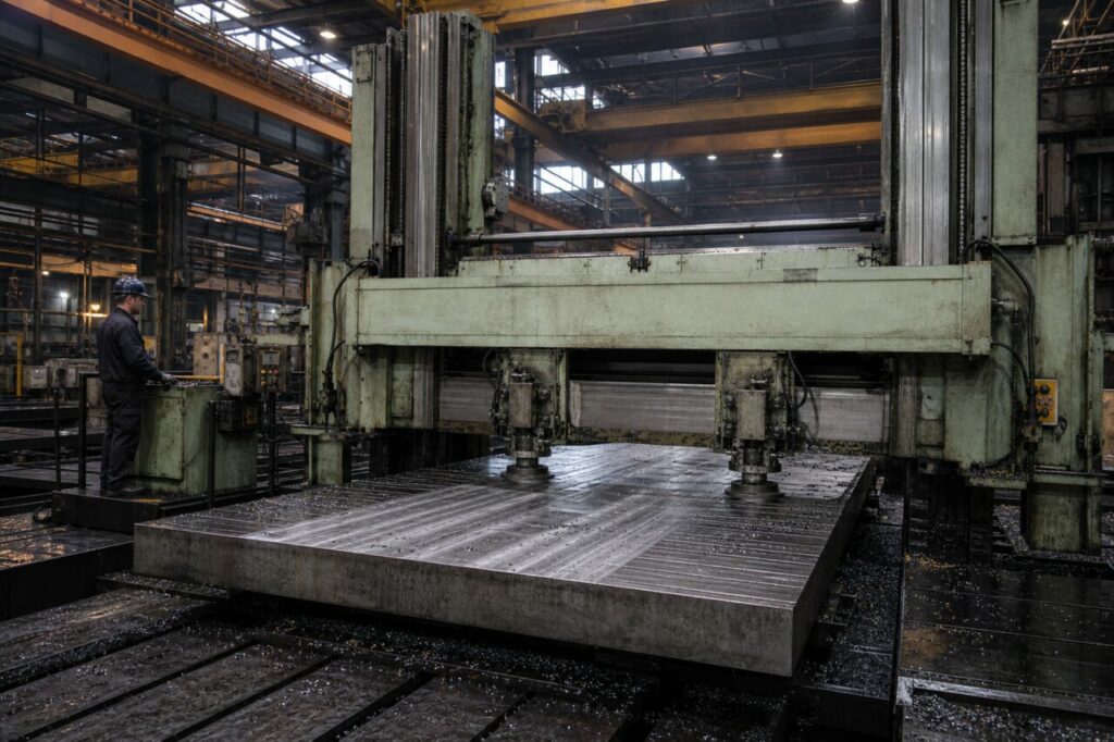 Bearbeitete Stahlplatte — Portalfräsmaschine in der Werkhalle