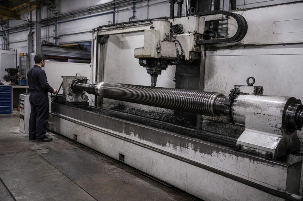 CNC-draadfreesmachine bewerkt de schroef van een hydraulische cilinder, met operator en werkplaatscontext