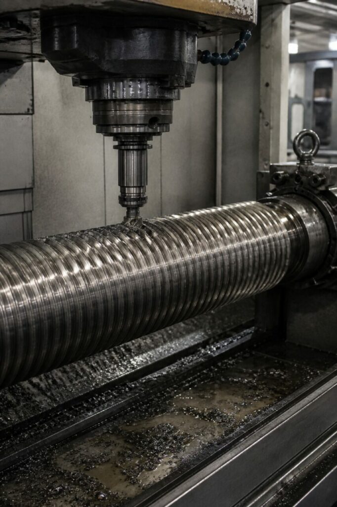 CNC-draadfreesmachine bewerkt de schroef van een hydraulische cilinder, detail van gereedschap en werkstuk