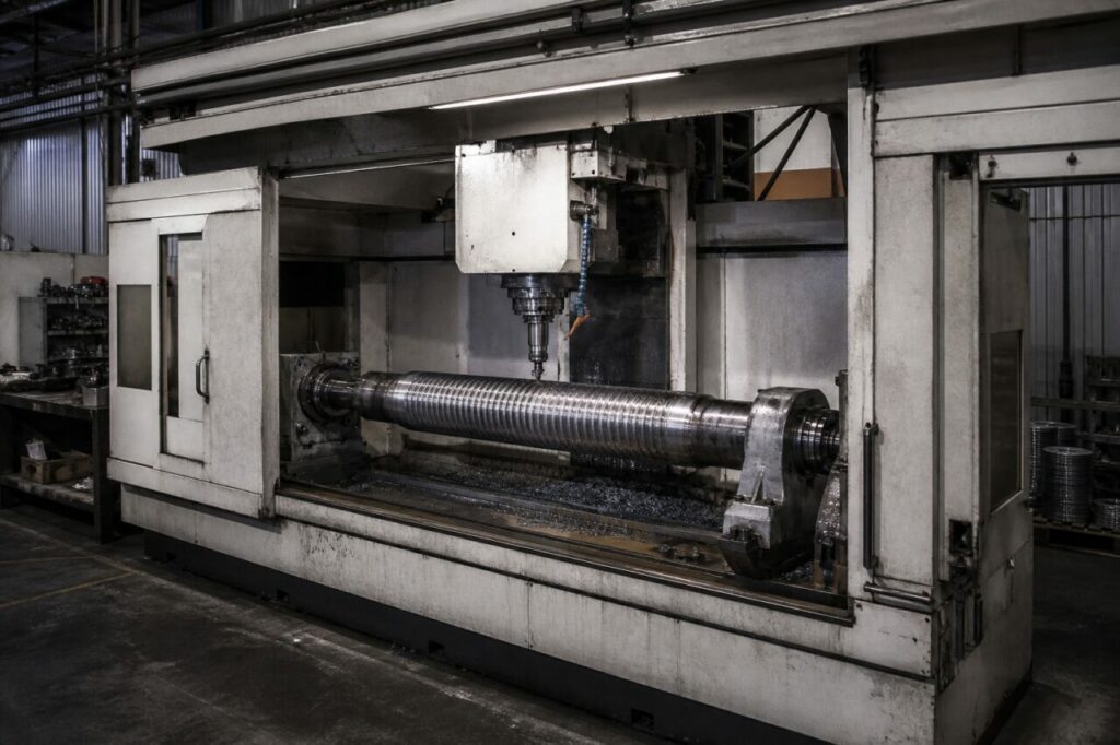 CNC-draadfreesmachine bewerkt de schroef van een hydraulische cilinder, overzicht in de verspaningshal