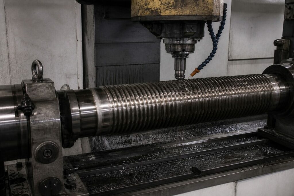 CNC-draadfreesmachine bewerkt de schroef van een hydraulische cilinder, close-up van het werkgebied