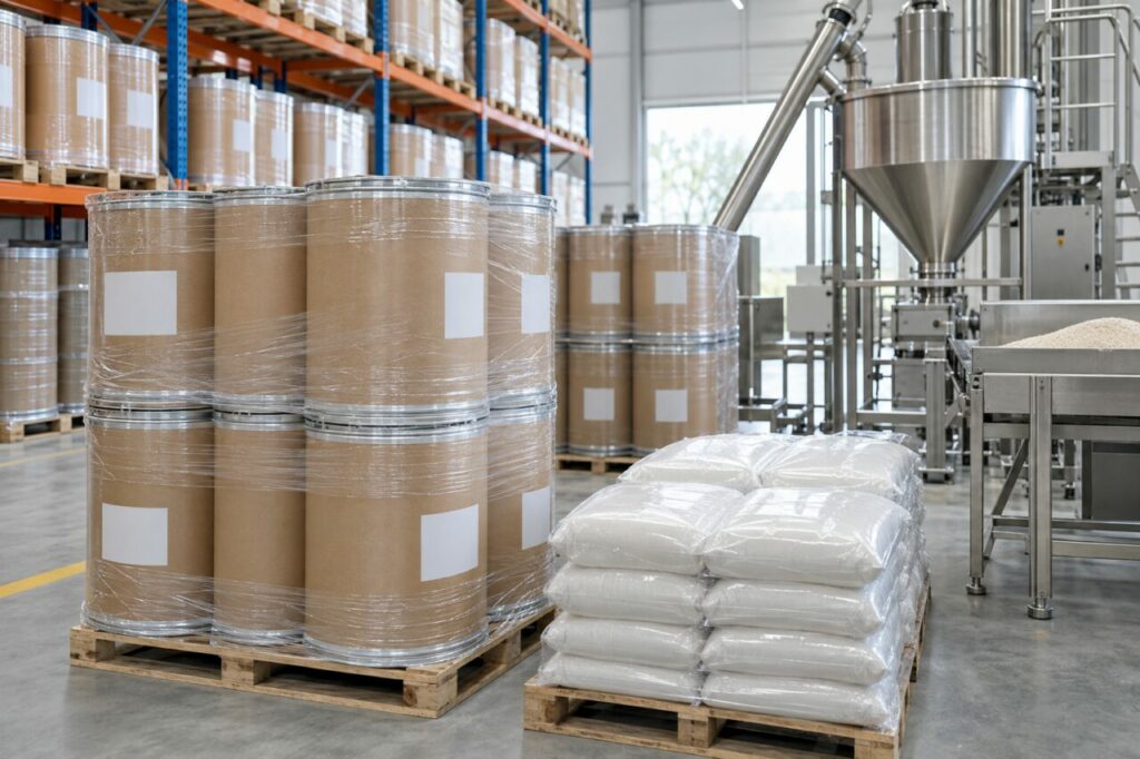 Fûts et sacs de zéolithe préparés pour la logistique industrielle
