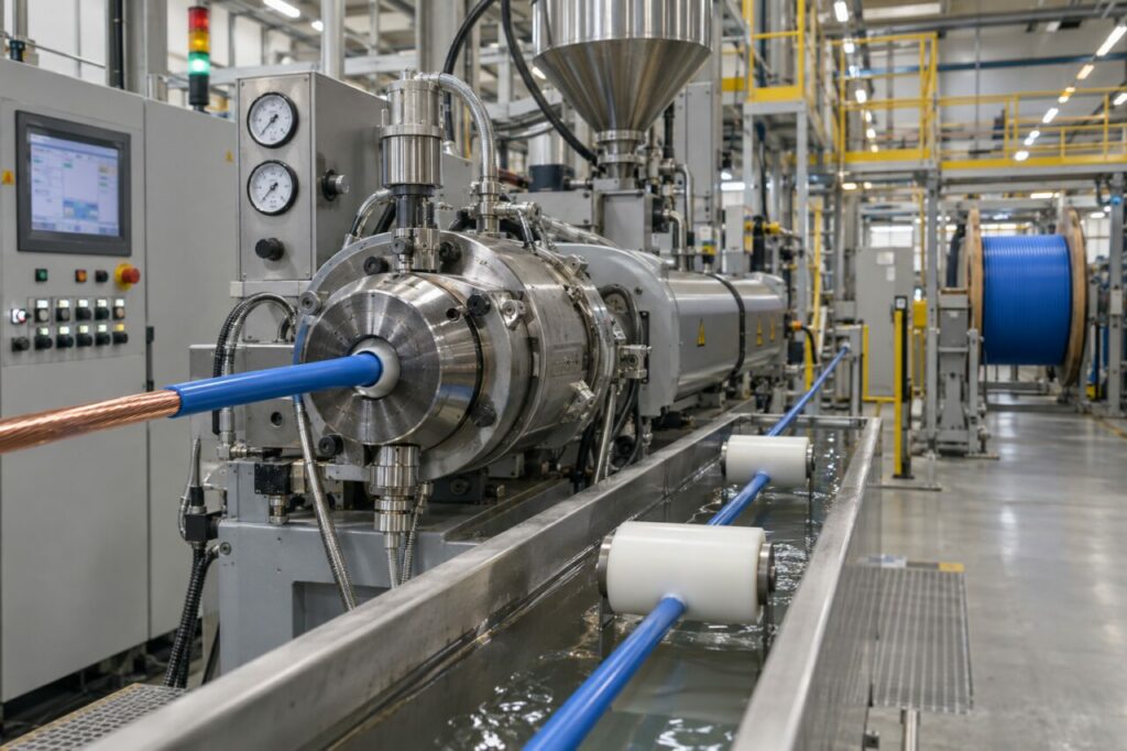 Gaine polymère appliquée sur conducteur cuivre par extrudeuse industrielle