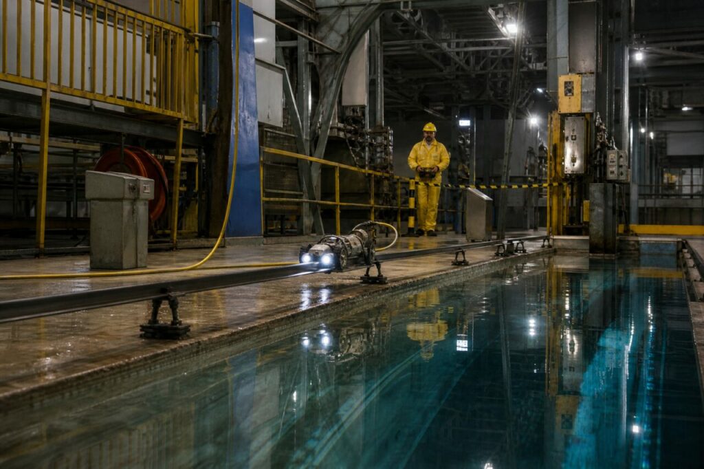 Galerie industrielle et robot crawler le long d'un vaste bassin d'eau