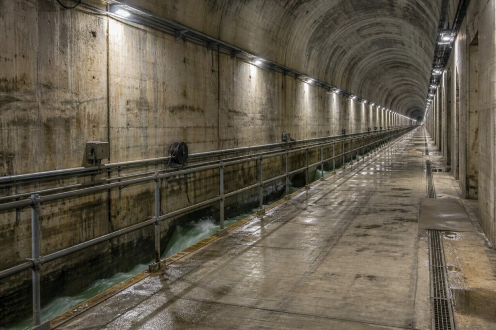 Galerie voûtée, canal d’eau et éclairage linéaire — Barrage hydroélectrique et galerie d’inspection