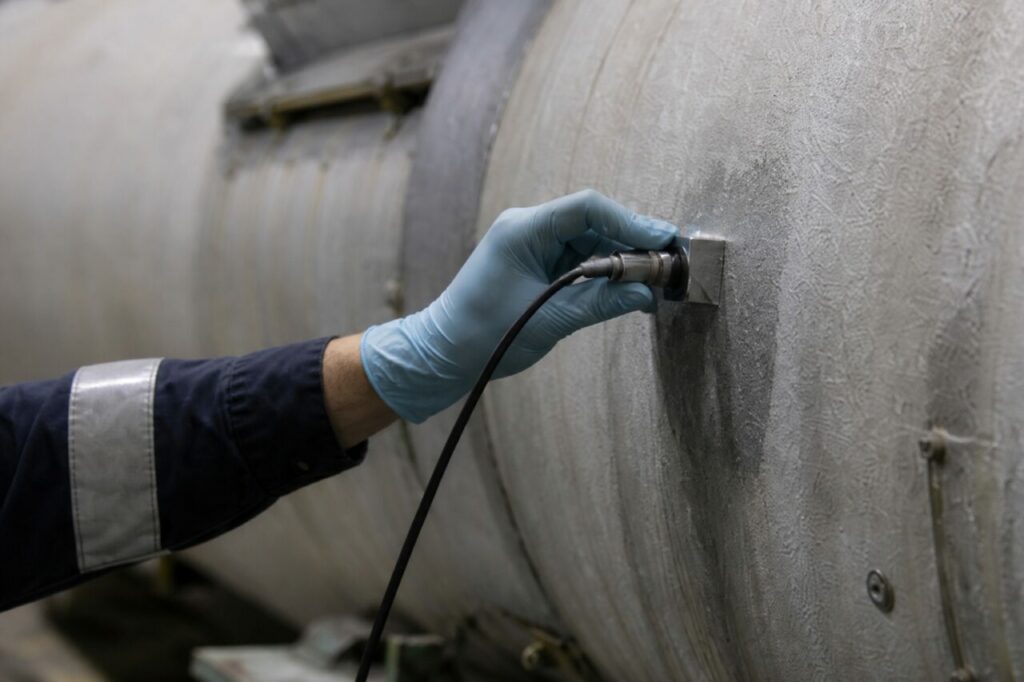 Gant bleu et sonde sur isolant argenté — Maintenance nucléaire, mesure ultrasonore de tuyauterie