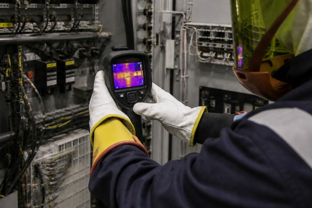 Gants blancs et caméra thermique devant les câbles — Thermographie préventive des armoires électriques de centrale