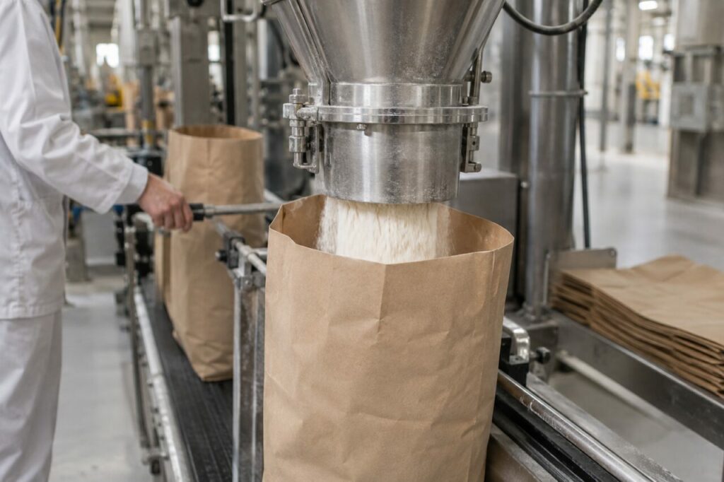 Sous la goulotte, un sac kraft de farine se remplit sur le convoyeur industriel