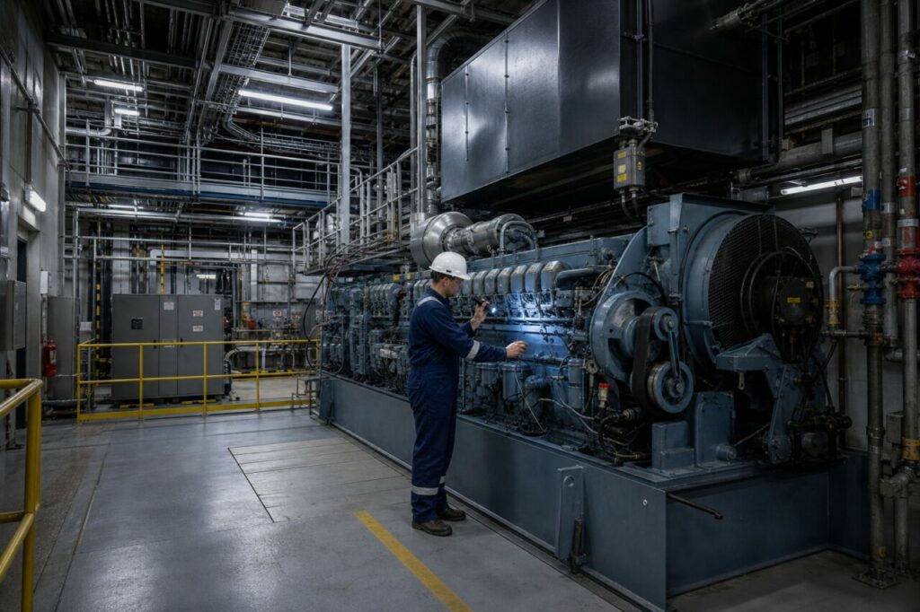 Grand moteur-groupe bleu dans l’atelier technique — Entretien du groupe électrogène de secours nucléaire