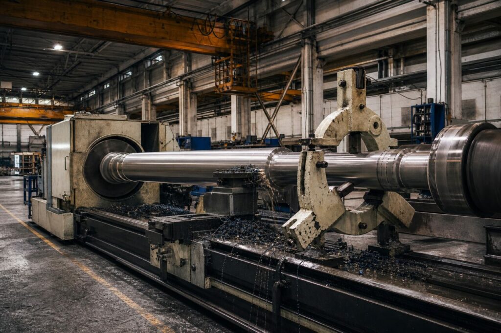 Een operator bewaakt de grote CNC-draaibank en de turbineas