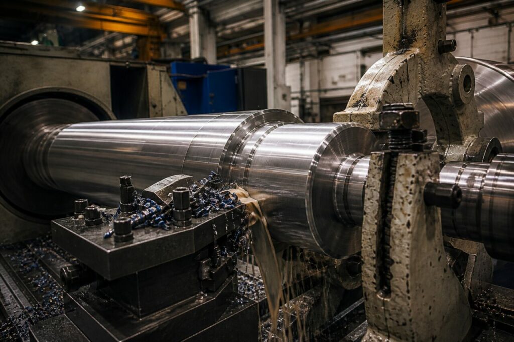 Het CNC-gereedschap verwijdert metaal van de turbineas
