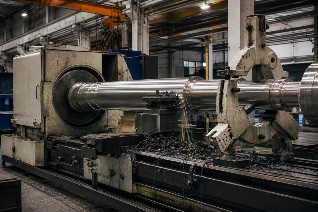Un arbre de turbine avance dans le grand tour CNC