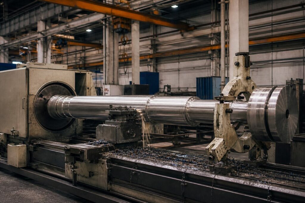 De CNC-draaibank bewerkt de turbineas tussen de klauwen