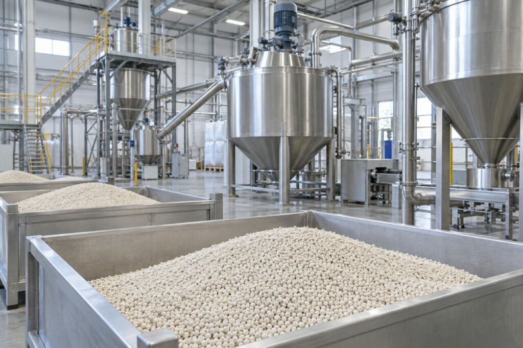 Pale zeolite granules distributed through industrial production bins