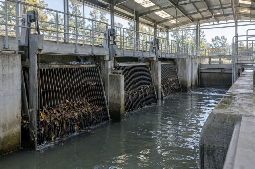 Grilles inclinées retenant les feuilles dans un canal de station d’épuration
