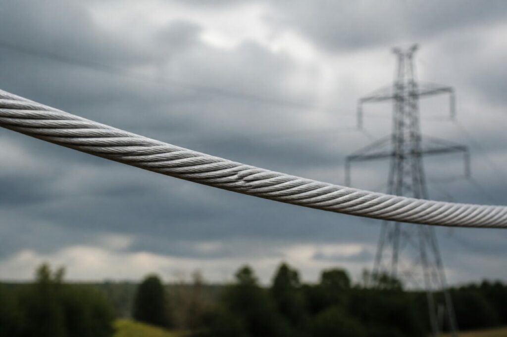 Gros conducteur torsadé devant un pylône dans le paysage