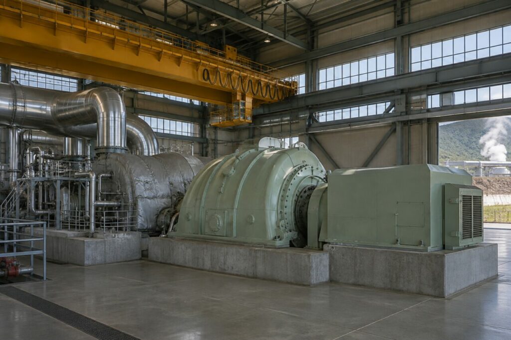 Gruppo turbogeneratore geotermico sotto un carroponte