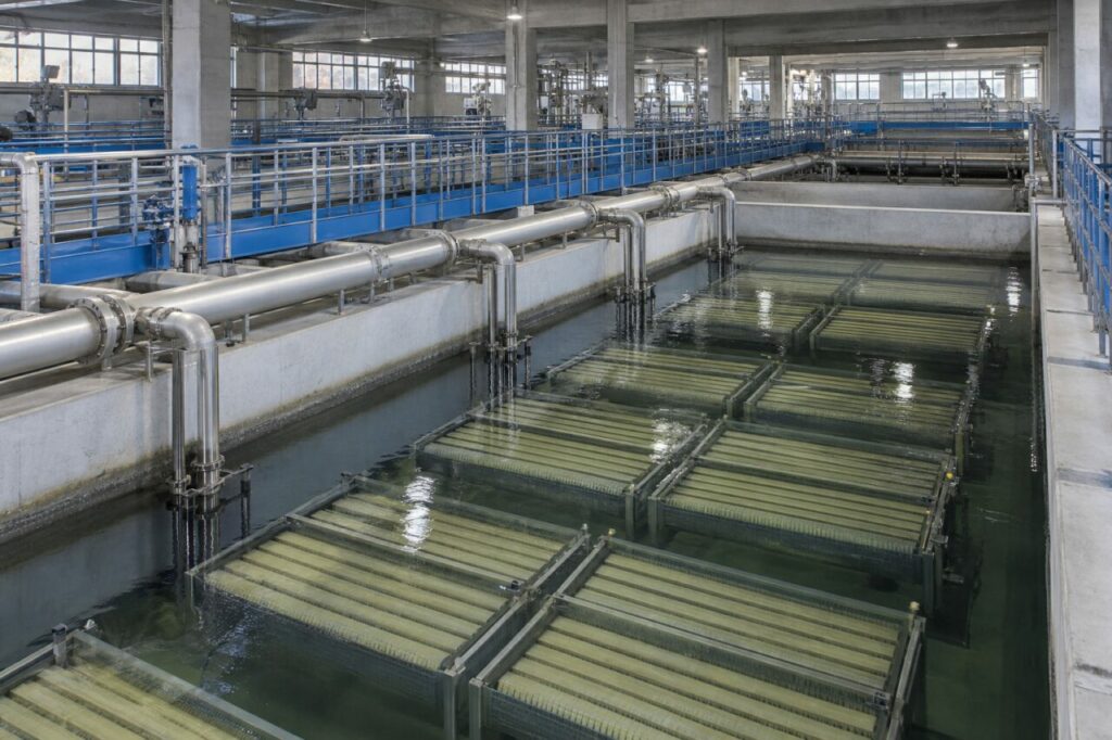 Bioréacteur membranaire — un hall de bioréacteur membranaire avec rangées de cassettes immergées, collecteurs inoxydables, passerelles bleues, conduites et bassins ouverts