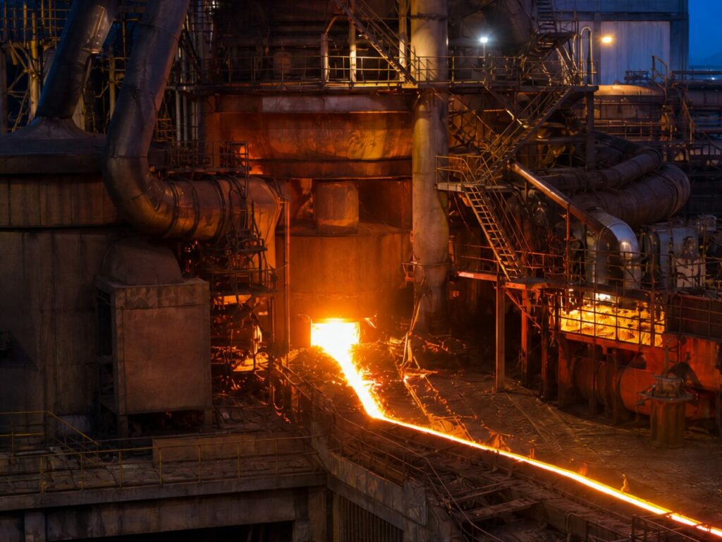 Metallo fuso scorre dall’altoforno