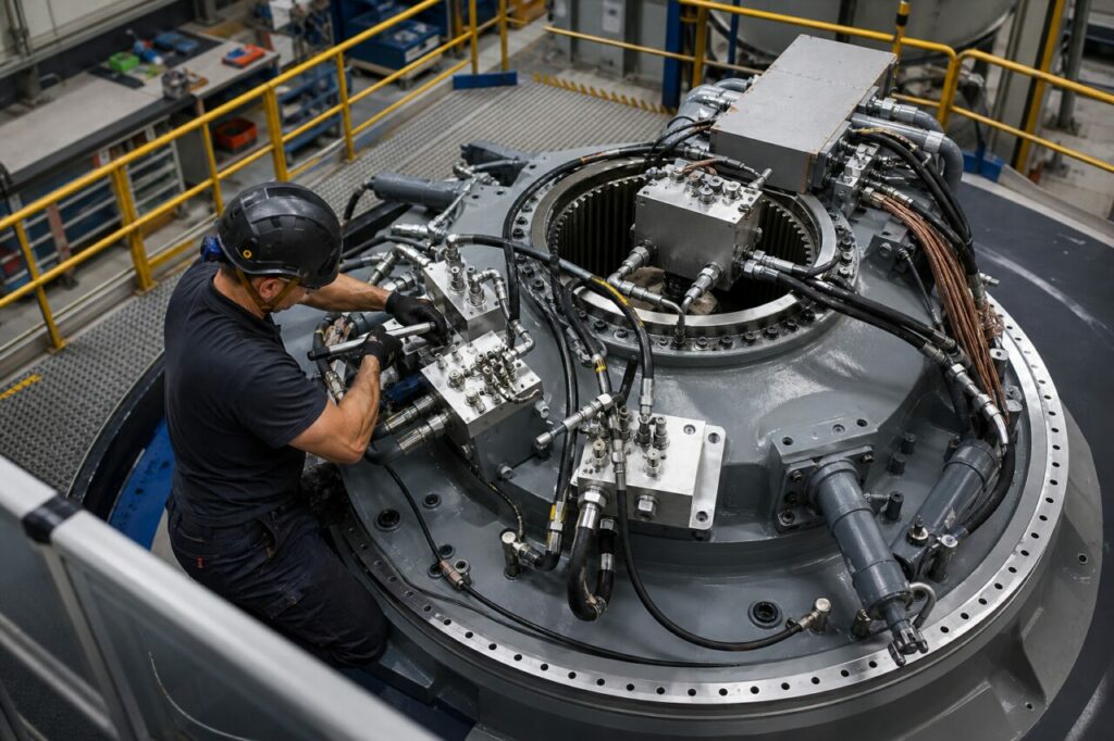 Een cirkel van hydraulische cilinders bedient het bladverstelmechanisme
