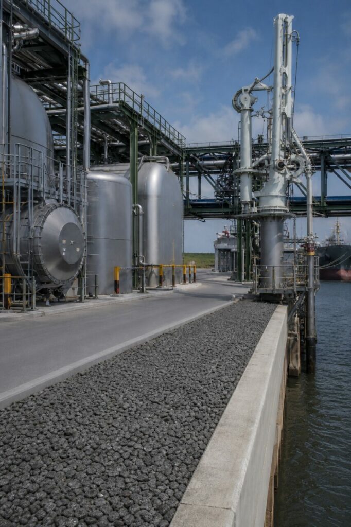 Réservoirs du terminal d’hydrogène derrière le quai