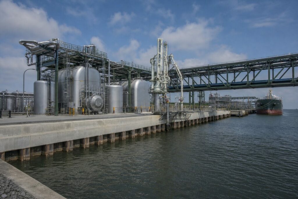 Quai d’export d’hydrogène avec navire amarré