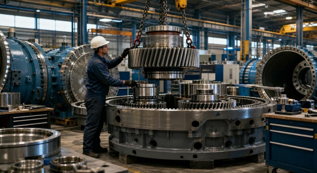 Afdaling van het planeetwielstelsel naar het tandkranshuis van de windturbinekast