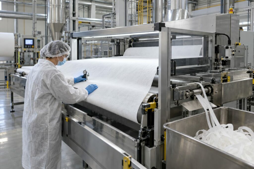 Inspectie van meltblown-vlies met optische controle en randtrimmen