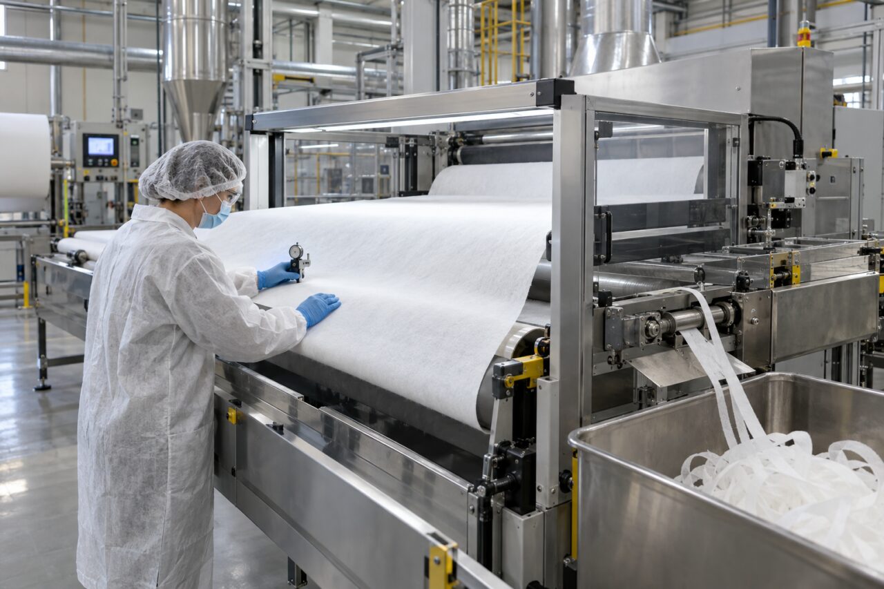 Inspection d’une nappe meltblown avec contrôle optique et parage des bords